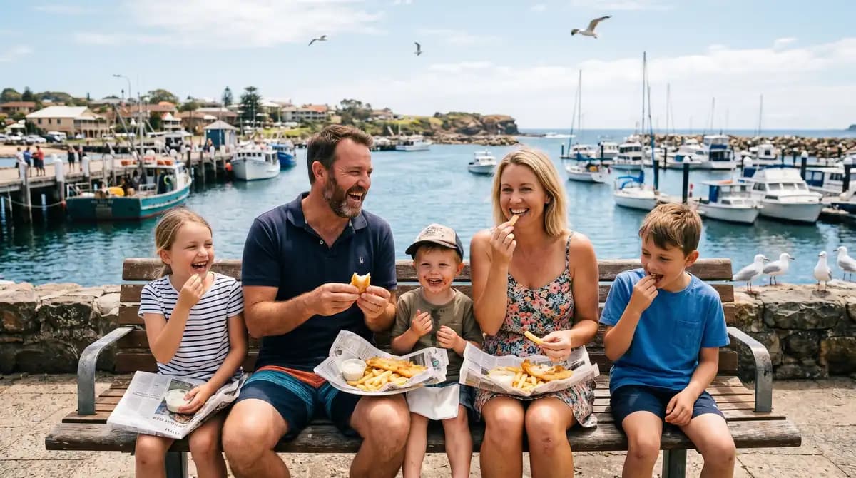 Family enjoying fish and chips at Apollo Bay harbour