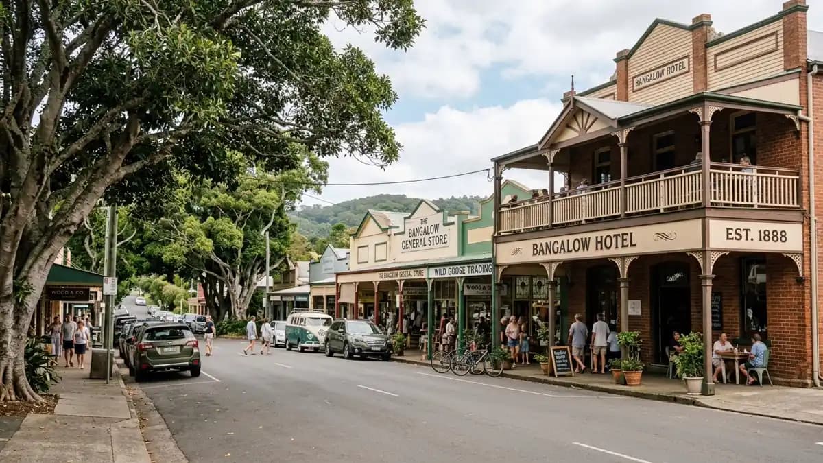 Bangalow heritage main street with vintage shops and A&I Hall in the Byron hinterland