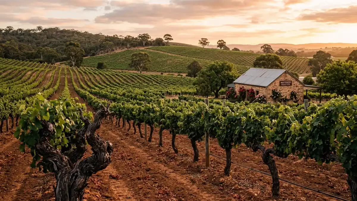 Barossa Valley vineyard rows at golden hour South Australia wine country