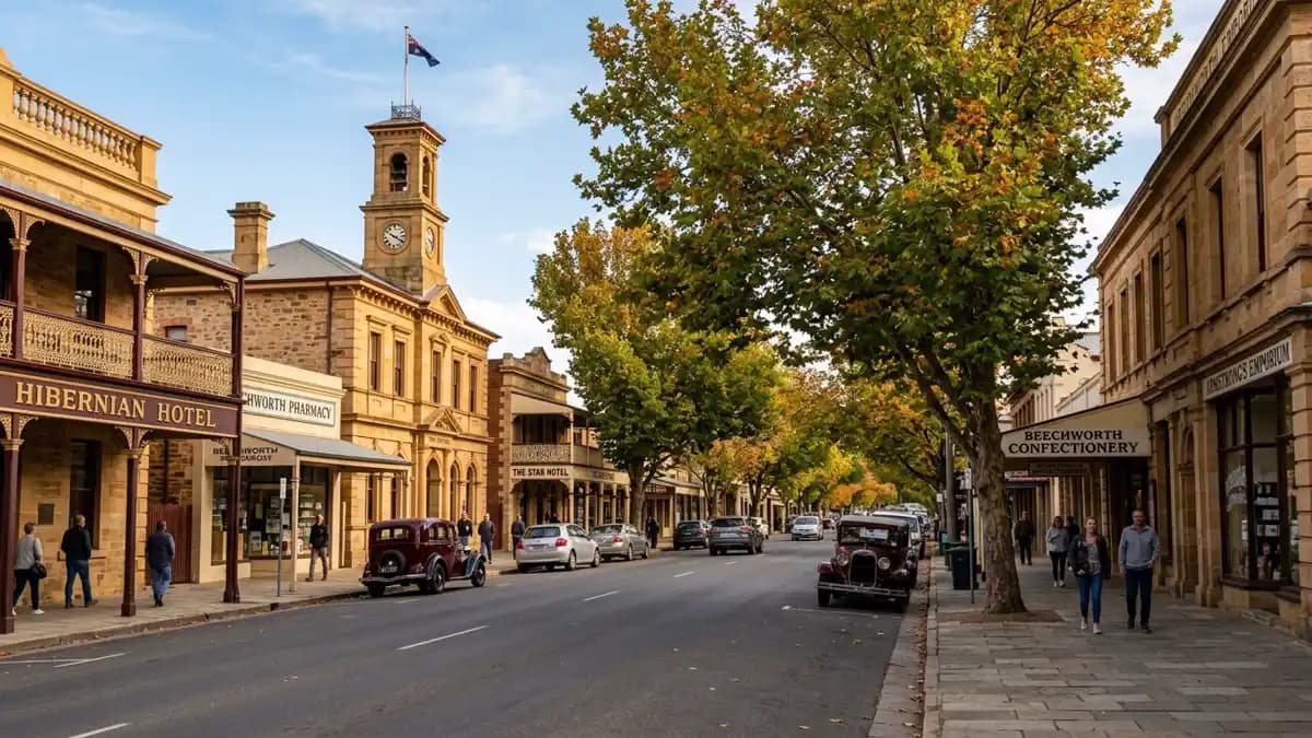 Beechworth historic precinct with honey granite buildings, Victoria