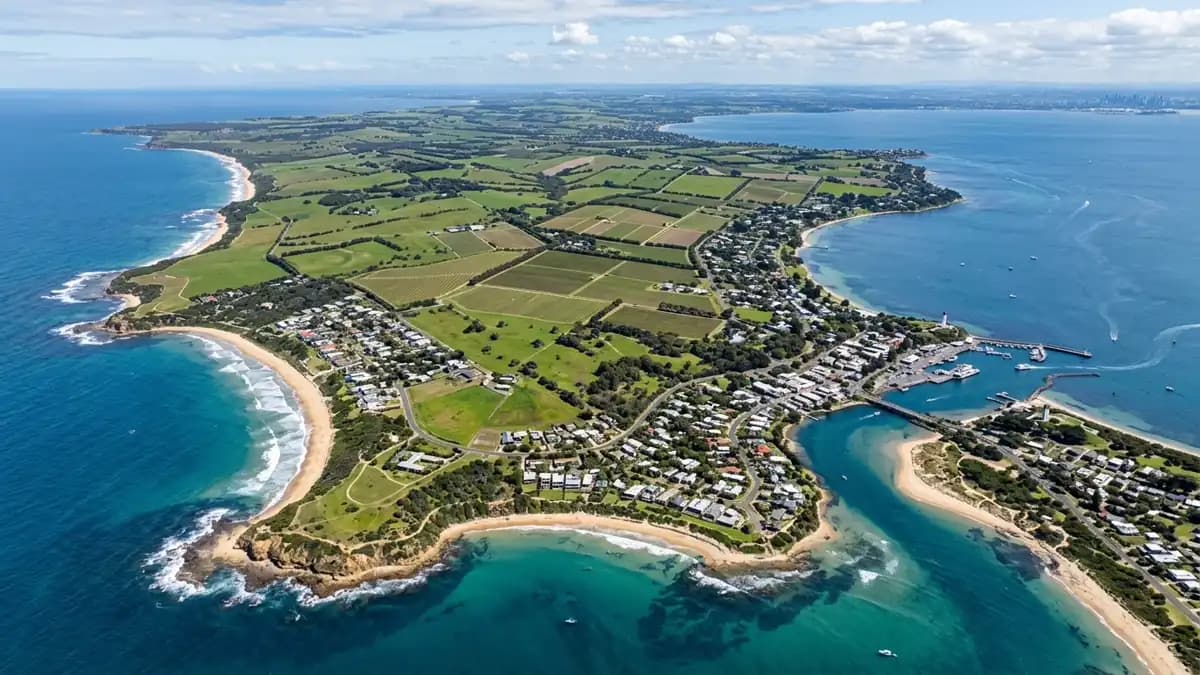 Bellarine Peninsula coastline with vineyards and bay views, Victoria