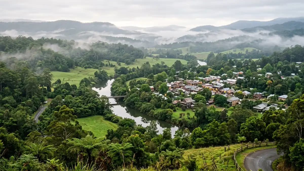 Bellingen main street with heritage buildings and hinterland hills, NSW
