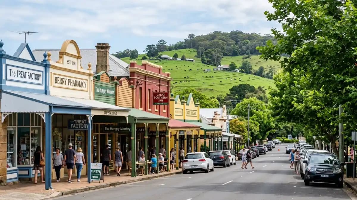 Berry village heritage main street with antique shops and green hills, Shoalhaven NSW