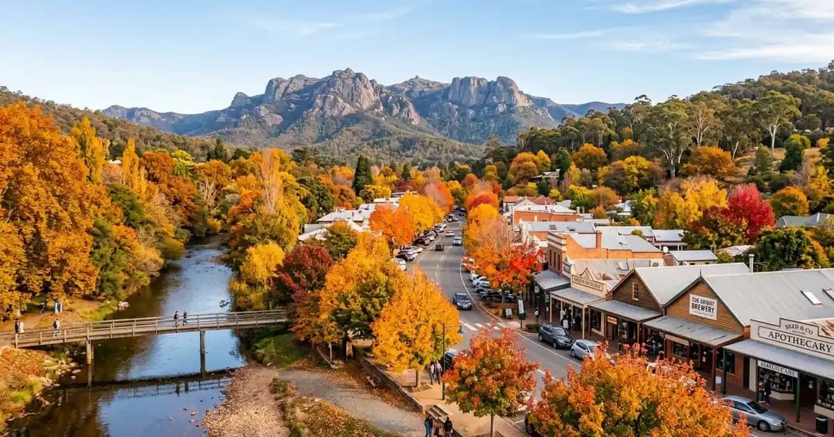 Bright alpine village with autumn leaves and Mt Buffalo, Victoria