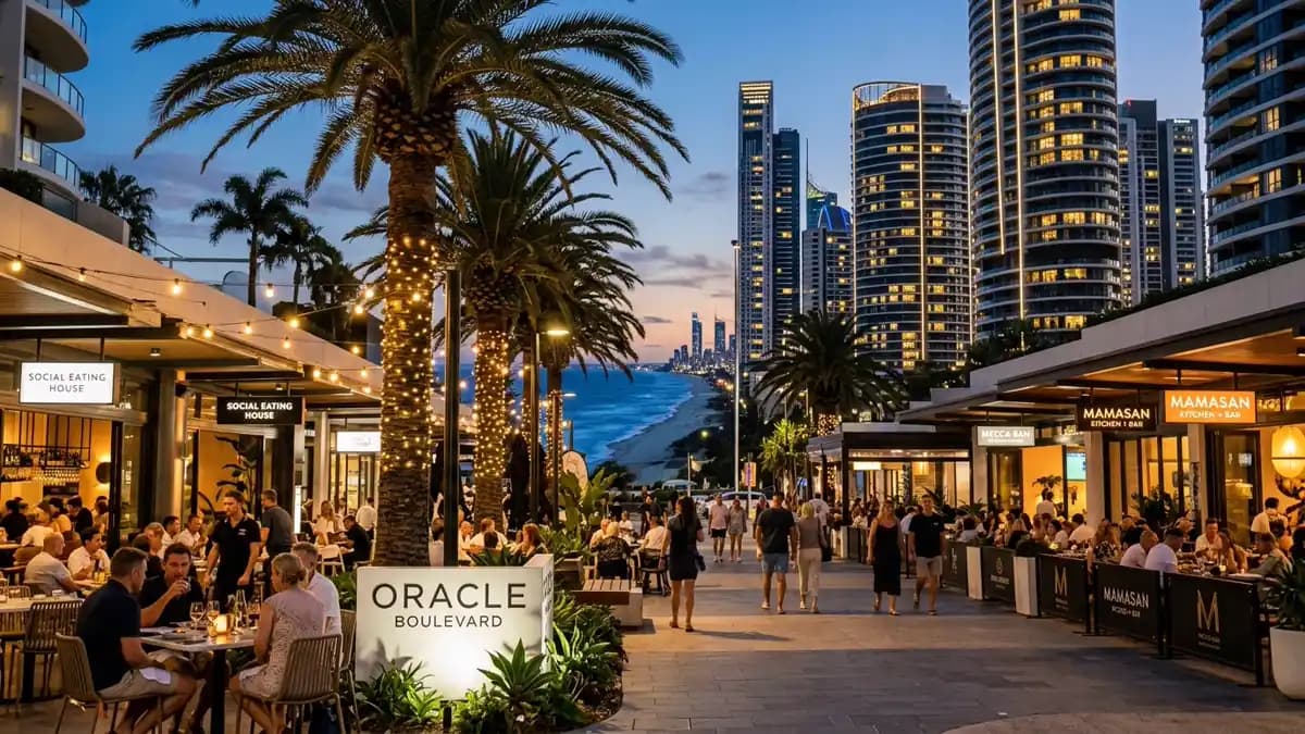 Broadbeach dining precinct at dusk Gold Coast Queensland