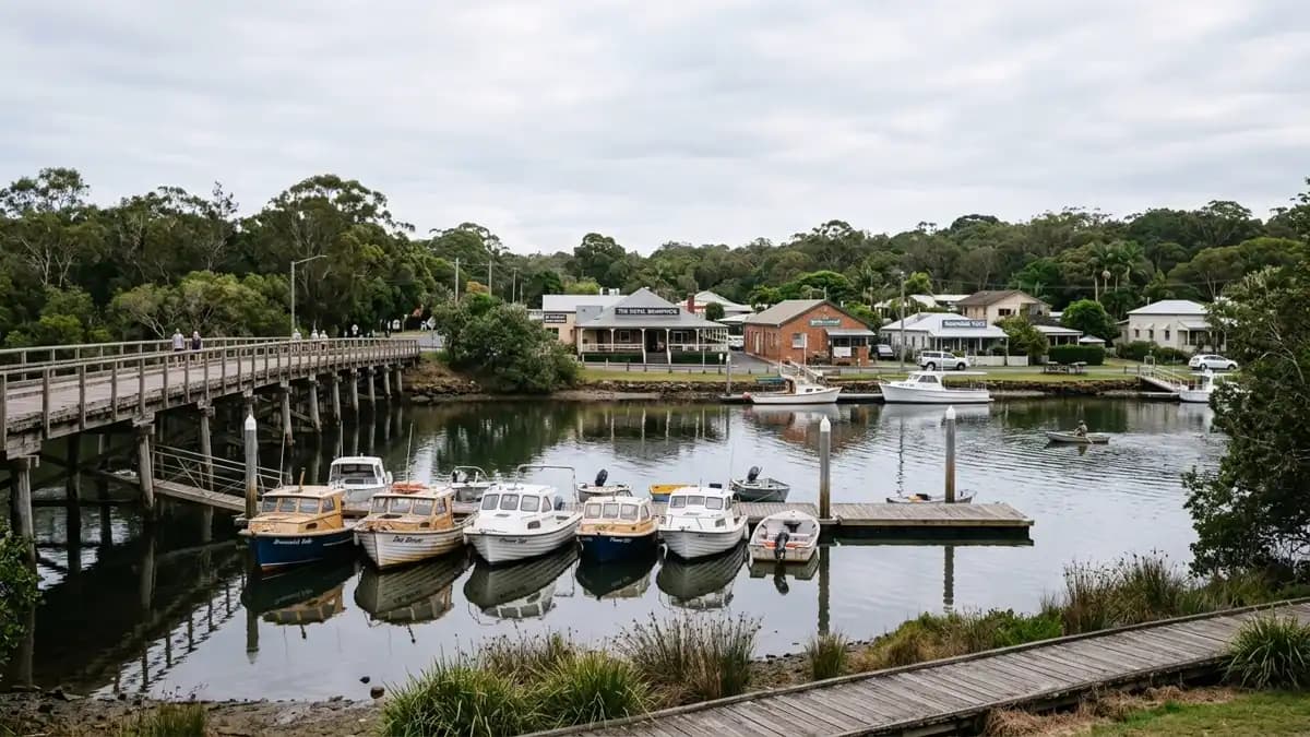 Brunswick Heads river foreshore with fishing boats and calm water, NSW