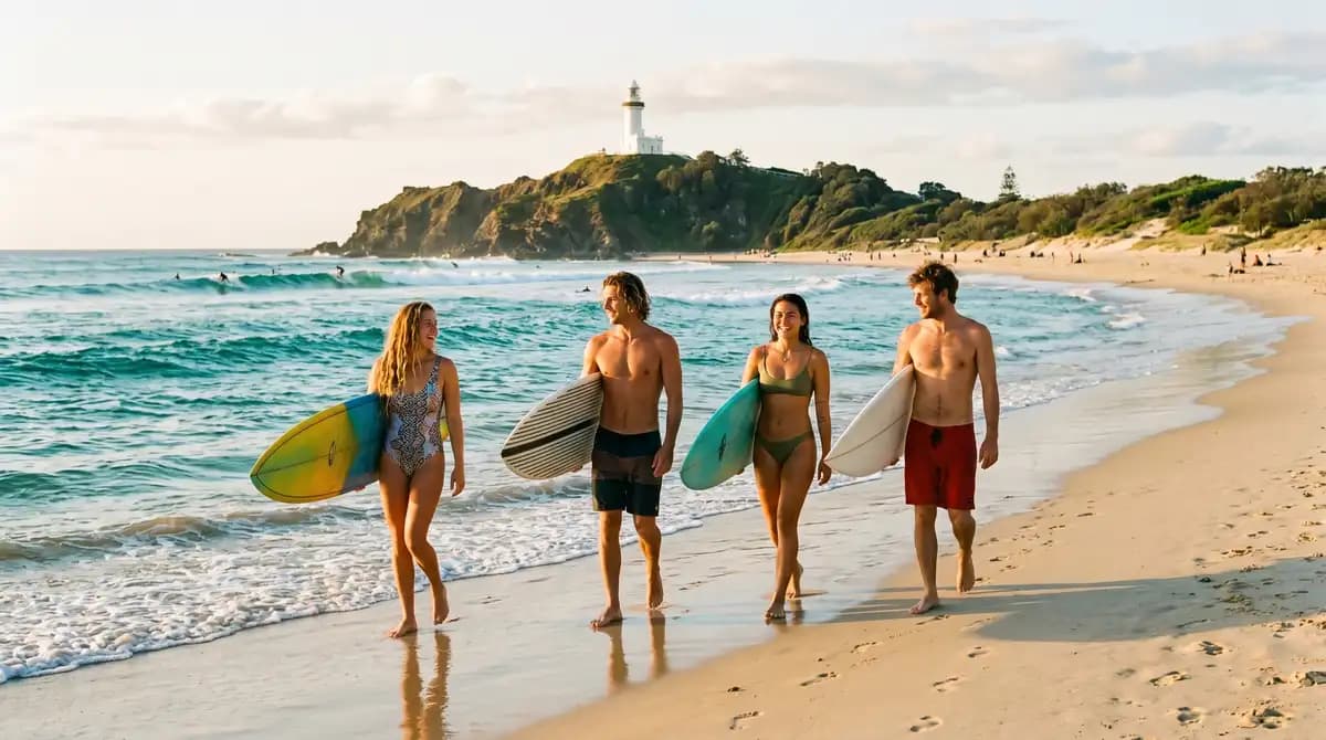 Surfers walking along Byron Bay beach