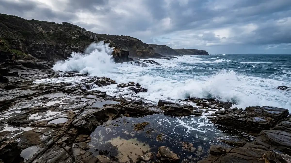 Cape Paterson surf beach with rocky coastline and Bass Strait, Victoria