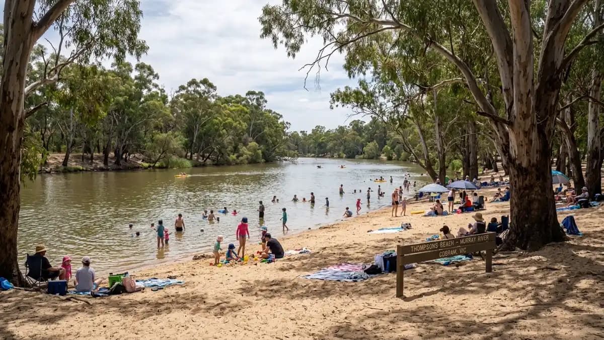 Sandy beach on the Murray River at Cobram with river red gums, Victoria
