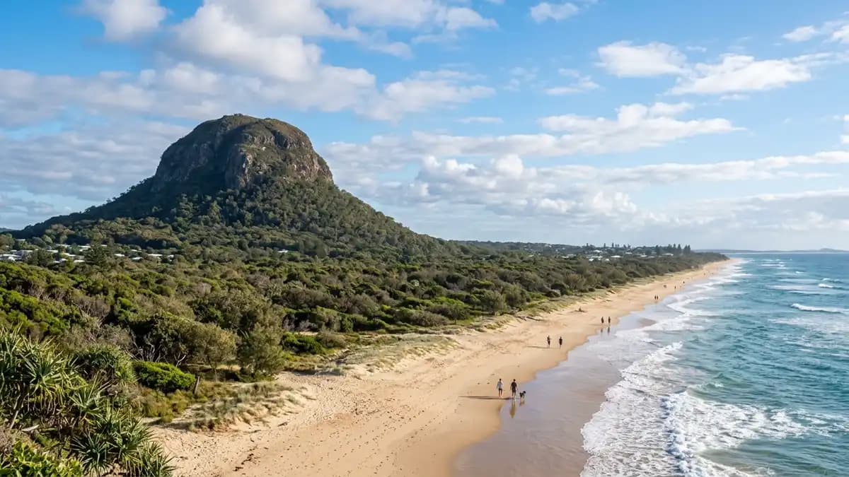 Coolum Beach with Mt Coolum volcanic dome in the background, Sunshine Coast Queensland