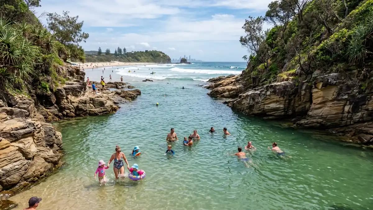 Currumbin Beach with Elephant Rock and clear blue water on the Gold Coast, Queensland