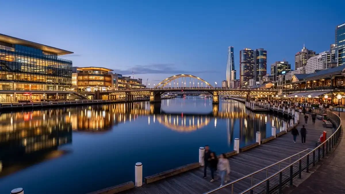 Darling Harbour waterfront precinct at dusk Sydney NSW