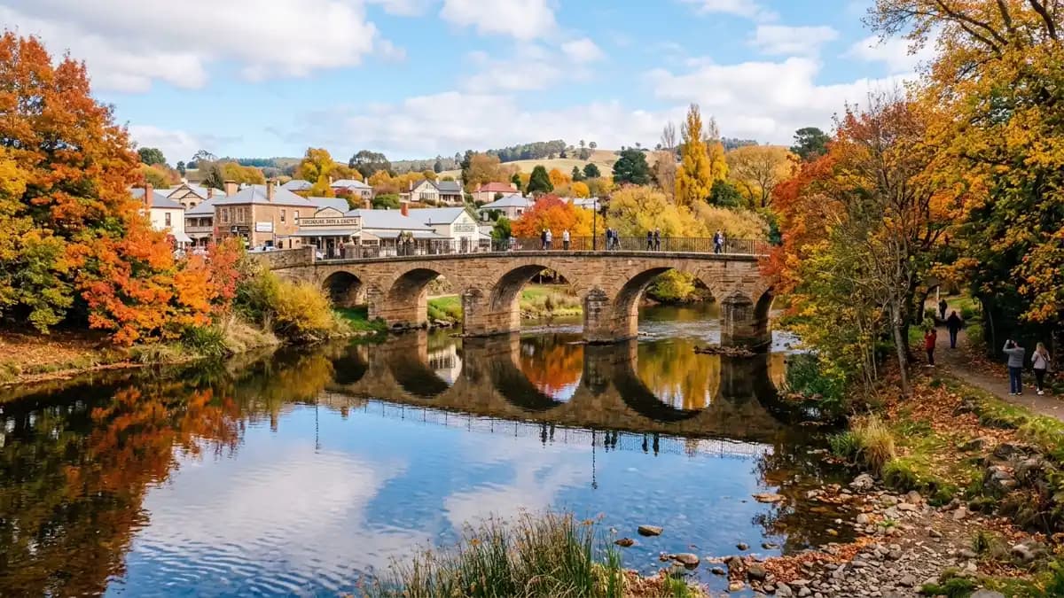 Deloraine town on the Meander River with Great Western Tiers backdrop, Tasmania