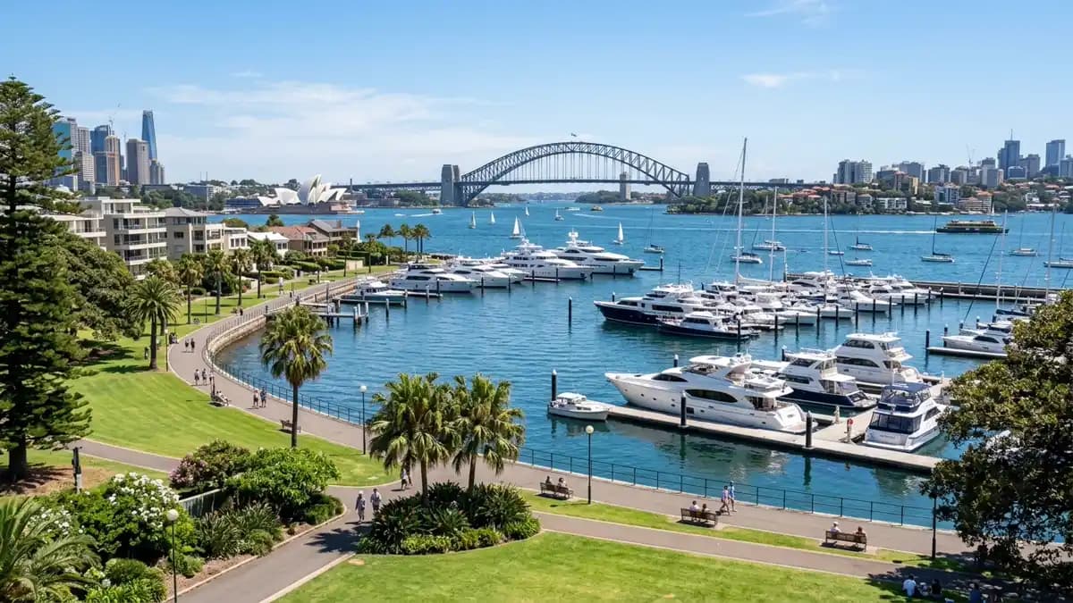 Double Bay harbour foreshore with luxury shops and Sydney Harbour views