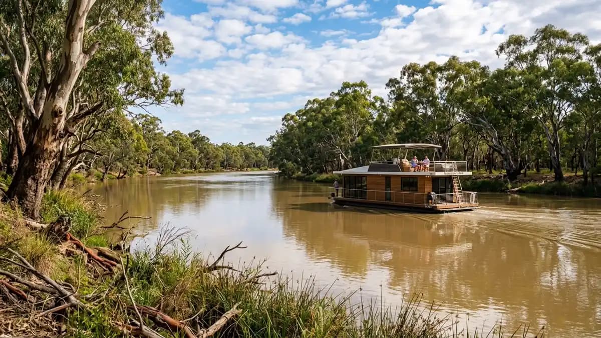 Houseboat cruising the Murray River between Echuca and Moama