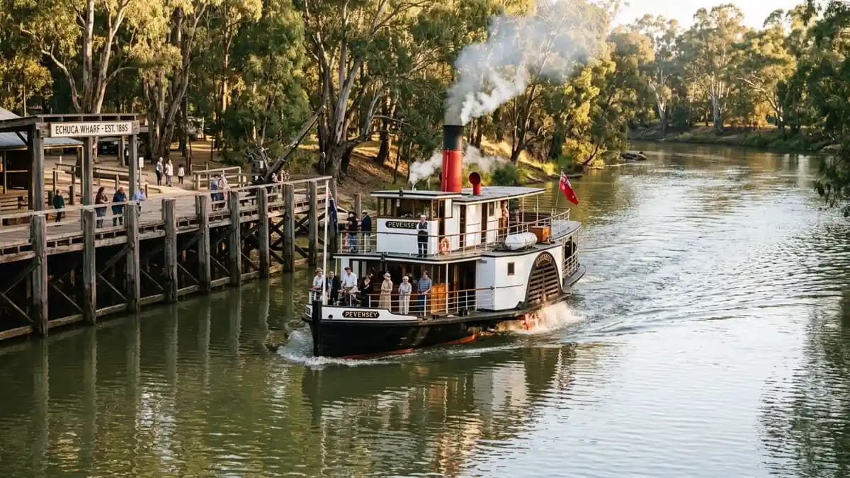 Historic paddle steamer on the Murray River at Echuca wharf Victoria