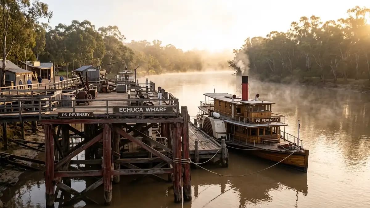 Port of Echuca historic red gum timber wharf on the Murray River Victoria