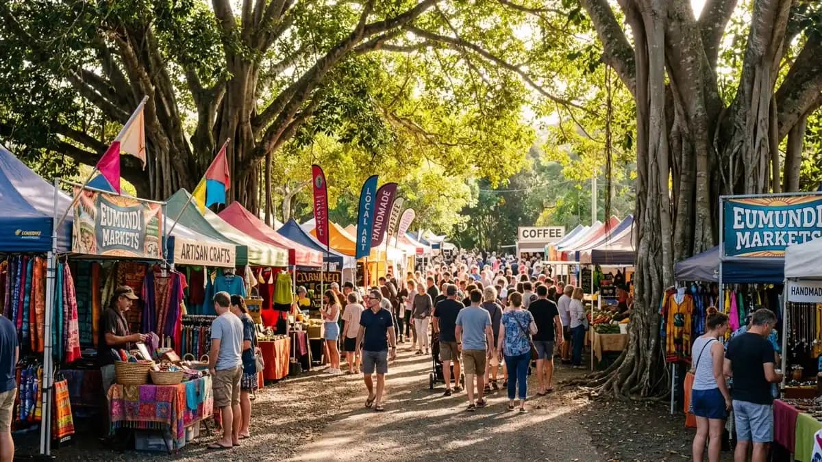 Eumundi Markets with colourful stalls and crowds in the Sunshine Coast hinterland, Queensland