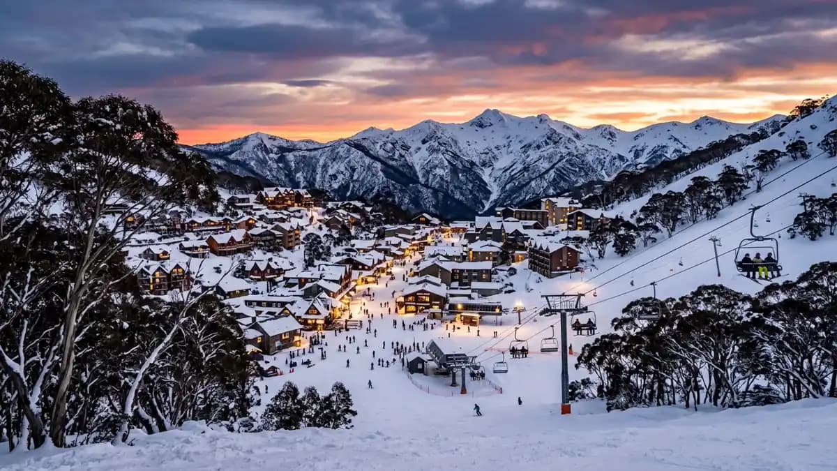 Falls Creek ski resort in winter with snow-covered alpine village, Victoria