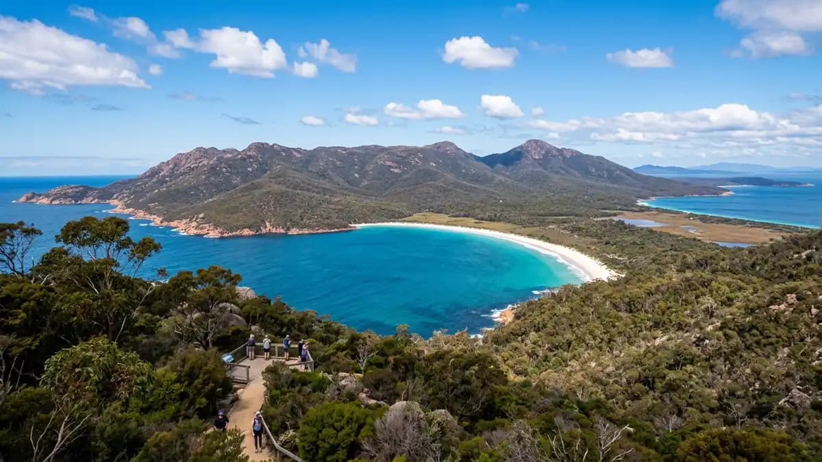 Wineglass Bay from lookout showing crescent beach Freycinet National Park Tasmania