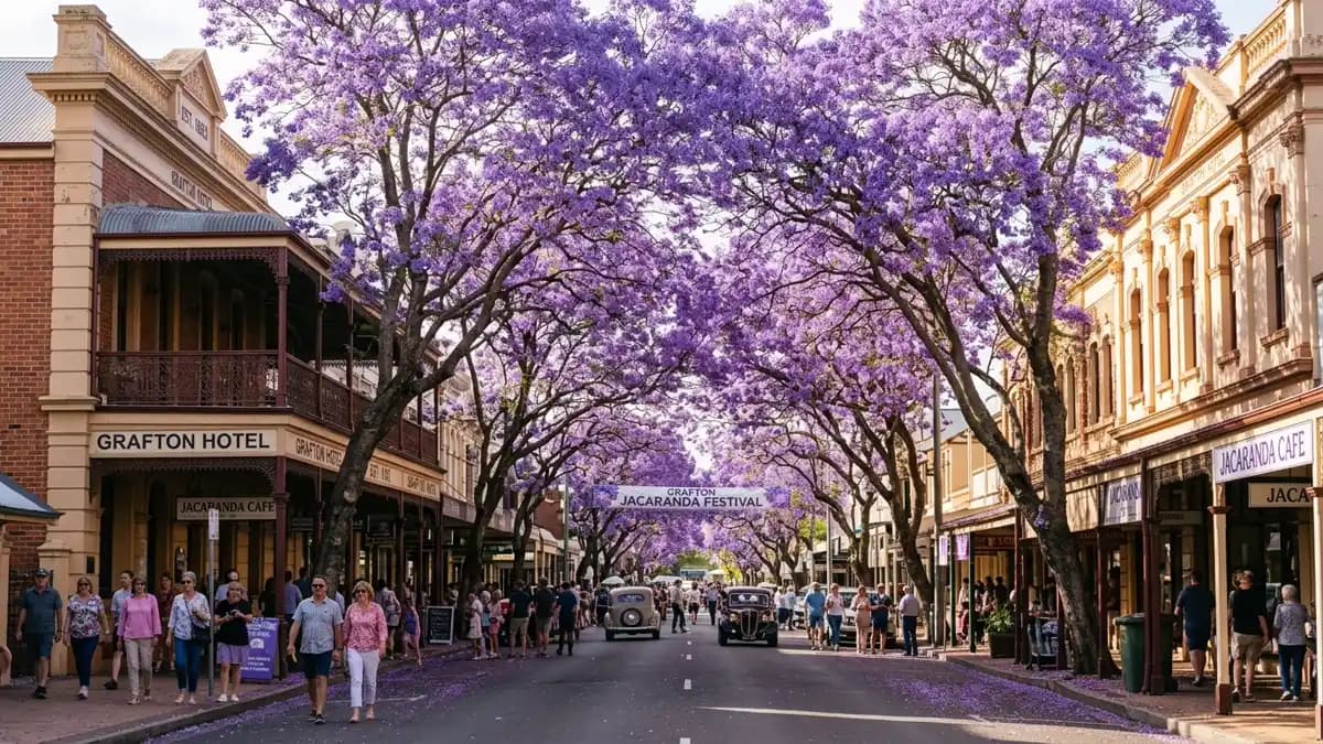 Jacaranda trees in full bloom along Grafton streets with purple canopy, NSW