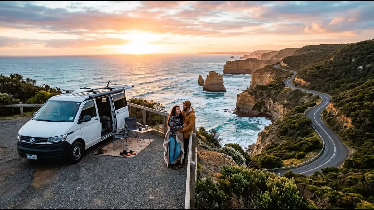 Campervan parked at a Great Ocean Road lookout
