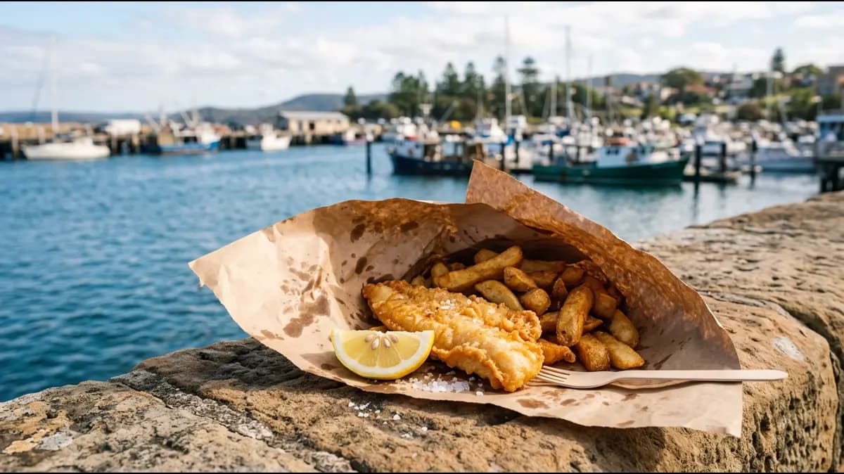 Fish and chips at Apollo Bay harbour on the Great Ocean Road