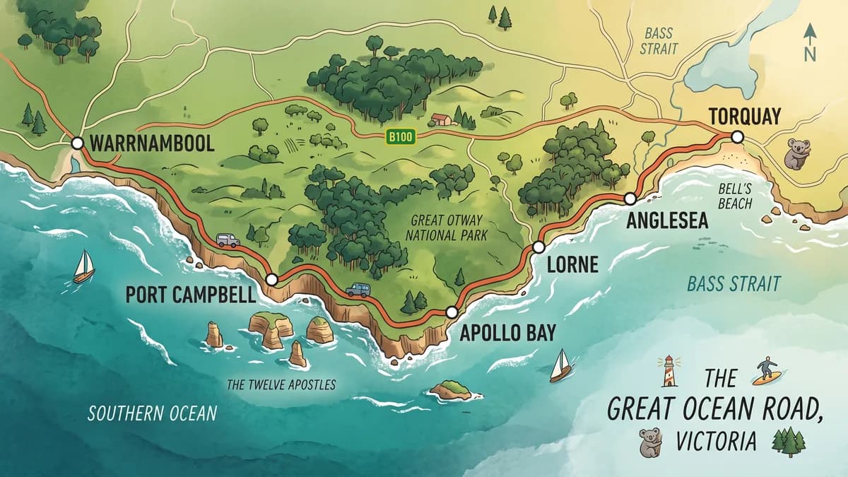 Map of the Great Ocean Road route from Torquay to Warrnambool