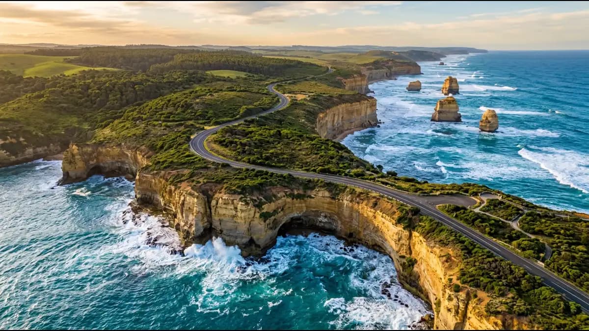 Aerial view of the Great Ocean Road coastline in Victoria, Australia