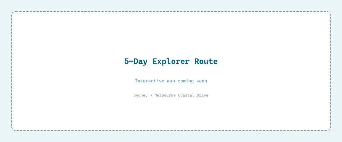 Map showing the 5-day explorer route from Sydney to Melbourne via Malacoota and Buchan Caves