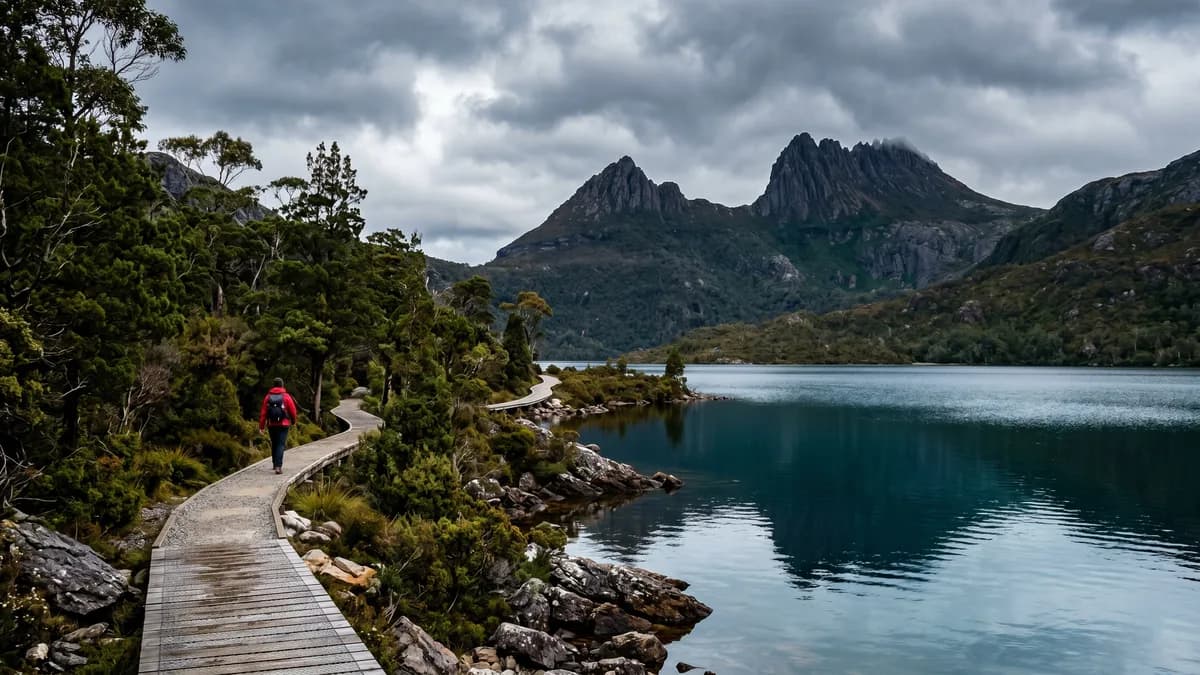 Dove Lake with Cradle Mountain reflected in still water