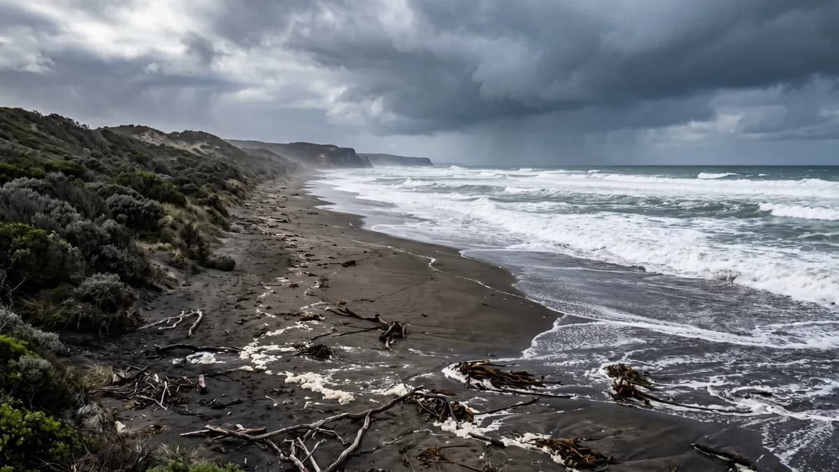 Ocean Beach at Strahan with wild Southern Ocean waves