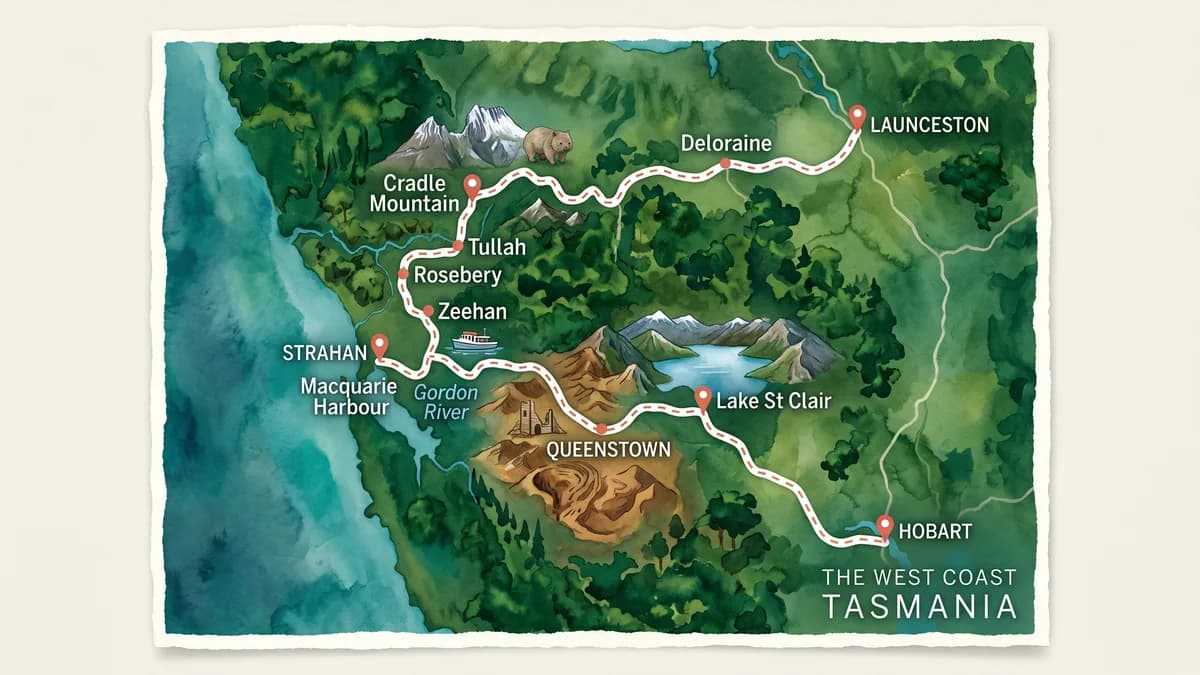 Map of the west coast Tasmania route from Launceston to Hobart via Cradle Mountain and Strahan