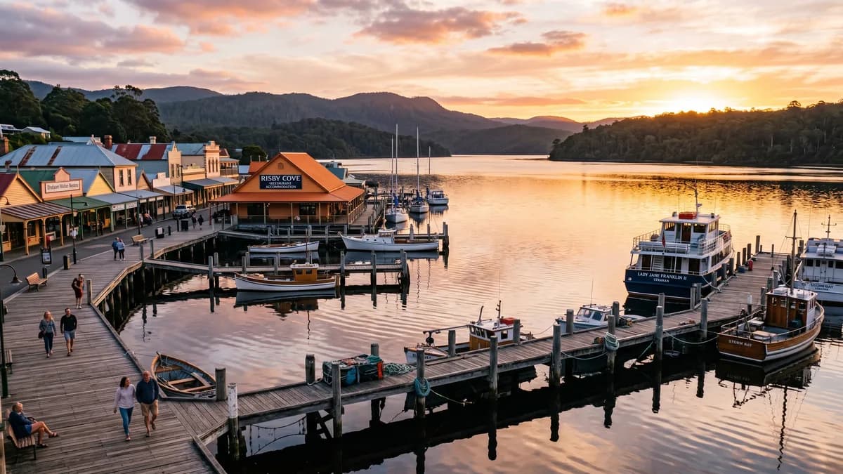 Strahan waterfront esplanade and fishing boats