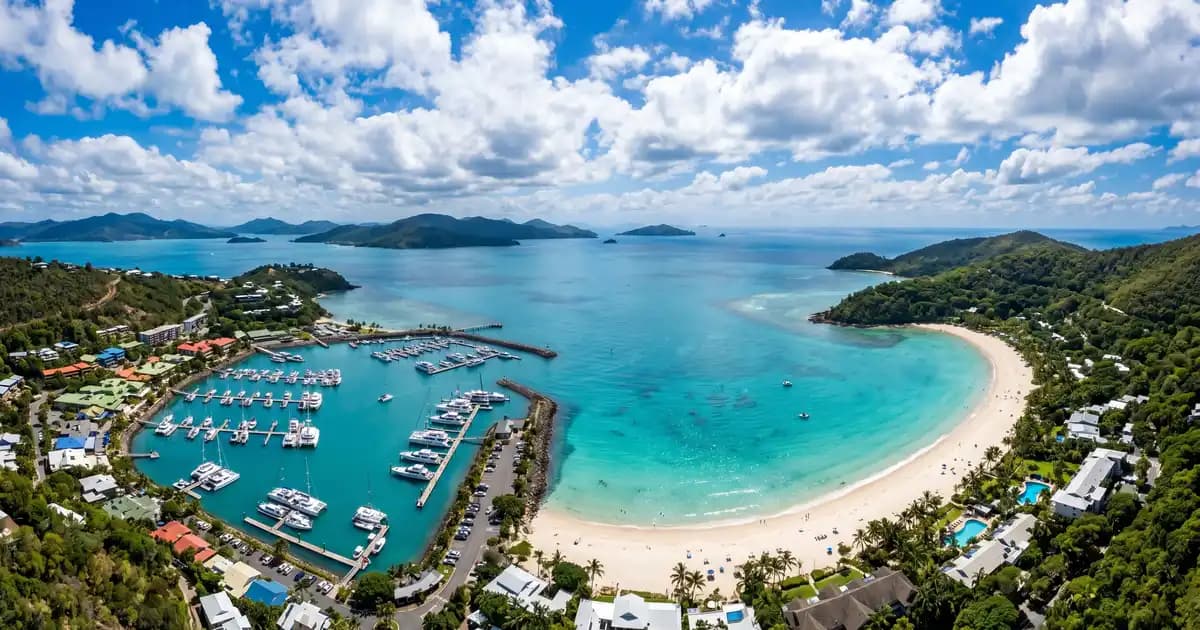 Catseye Beach and Hamilton Island marina, Whitsunday Islands Queensland