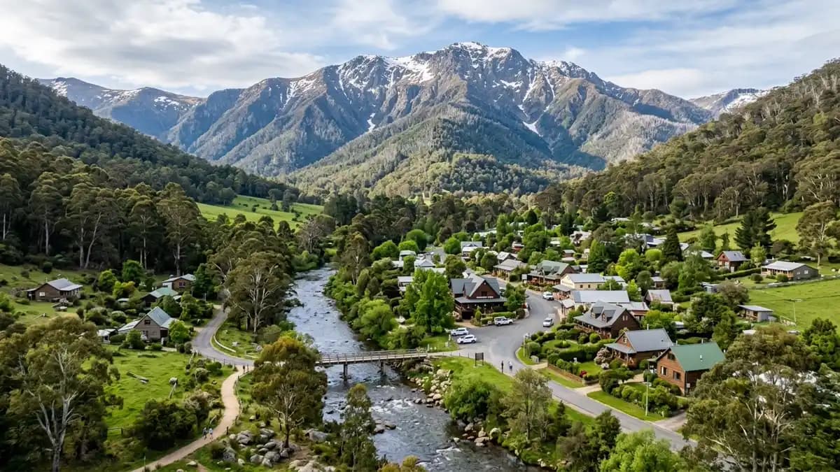 Harrietville alpine village nestled at the foot of Mt Hotham with the Ovens River, Victoria