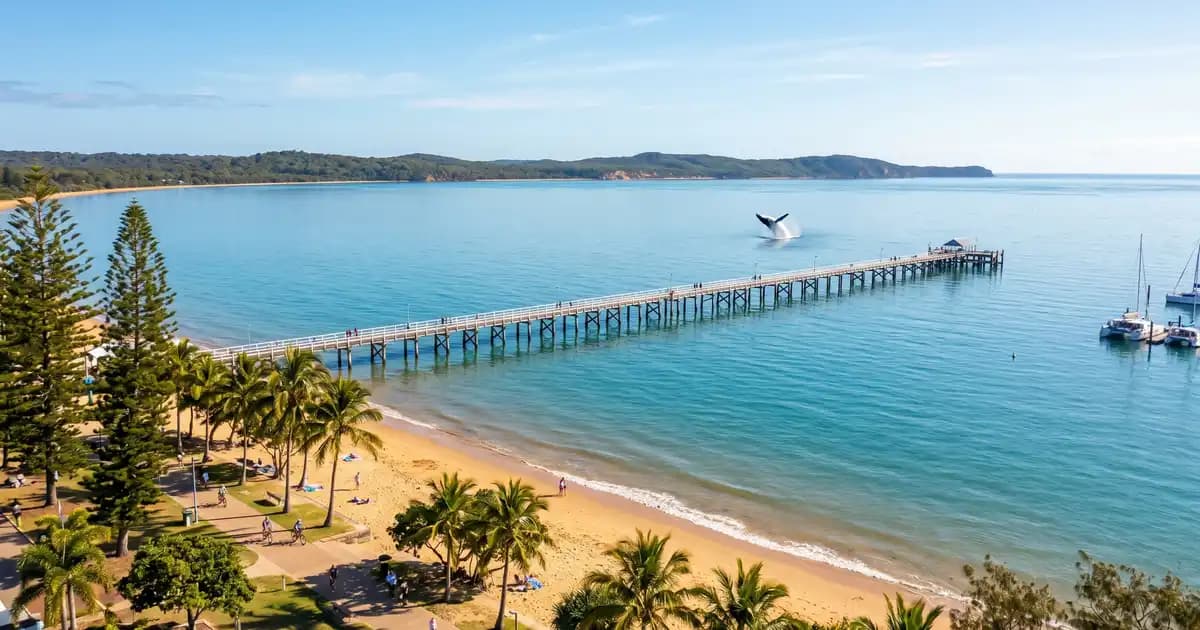 Hervey Bay Esplanade and Urangan Pier with K'gari on the horizon, Queensland