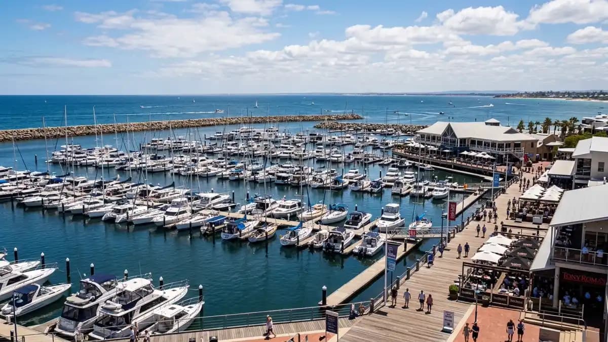 Hillarys Boat Harbour with turquoise water, boats and Sorrento Quay, Western Australia