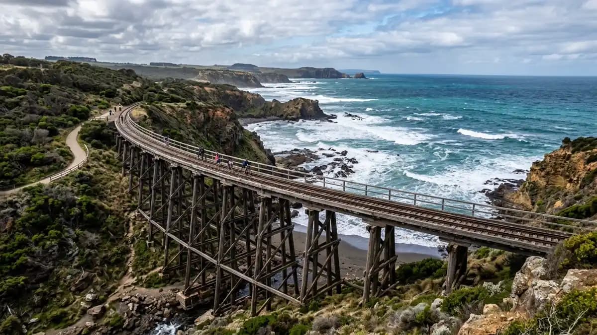 Kilcunda Trestle Bridge on the Bass Coast Rail Trail with dramatic ocean cliffs, Victoria
