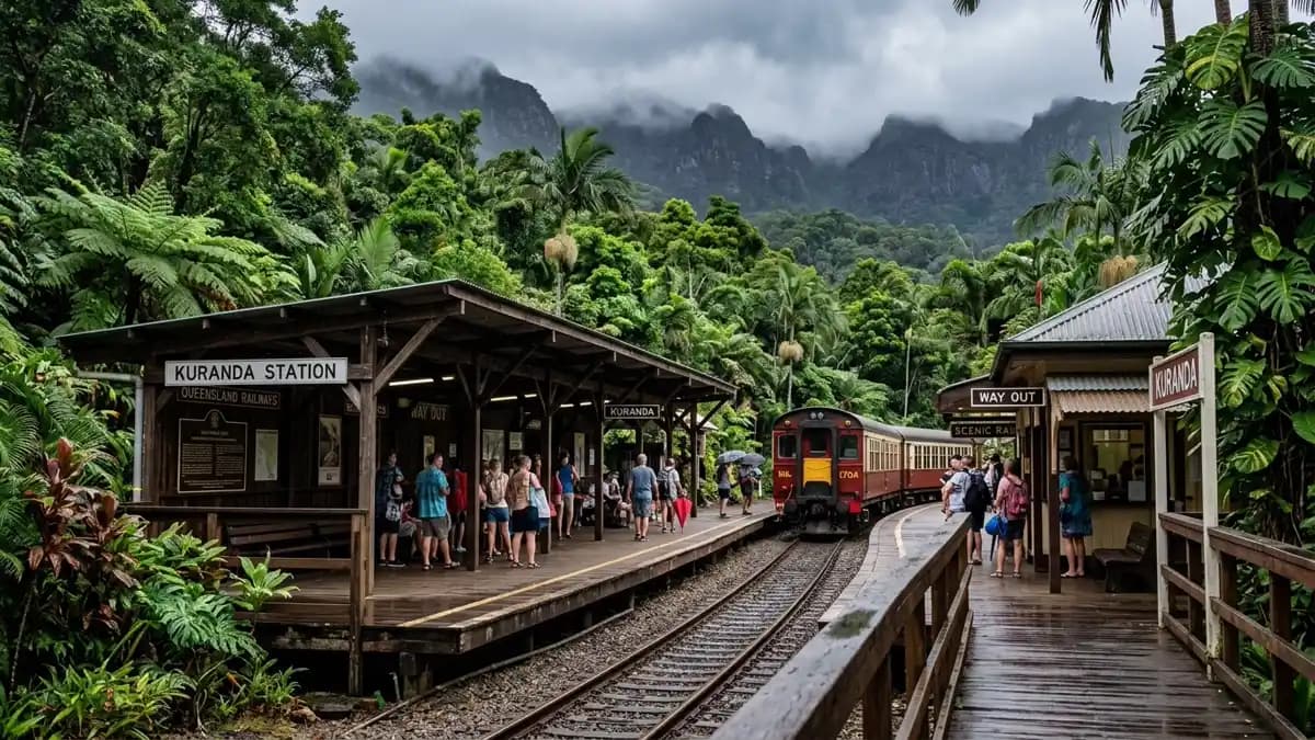 Kuranda rainforest village with Skyrail gondola above tropical canopy, Queensland