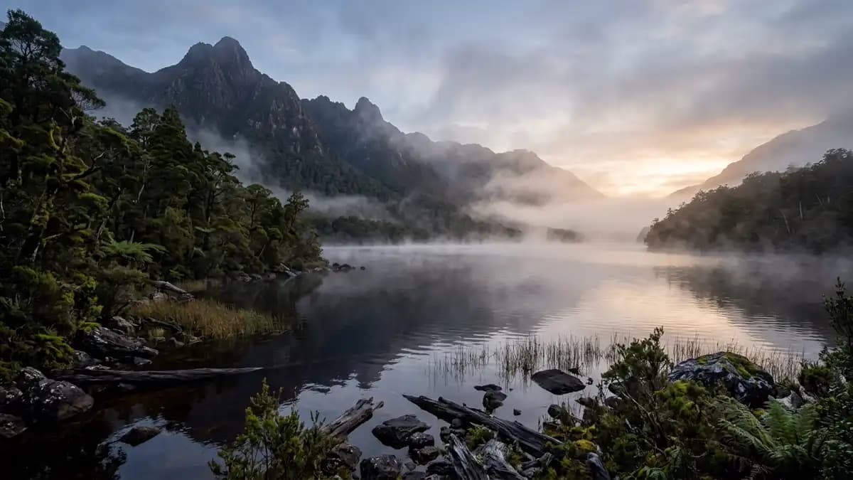 Lake St Clair with still reflective water surrounded by wilderness mountains, Tasmania World Heritage Area