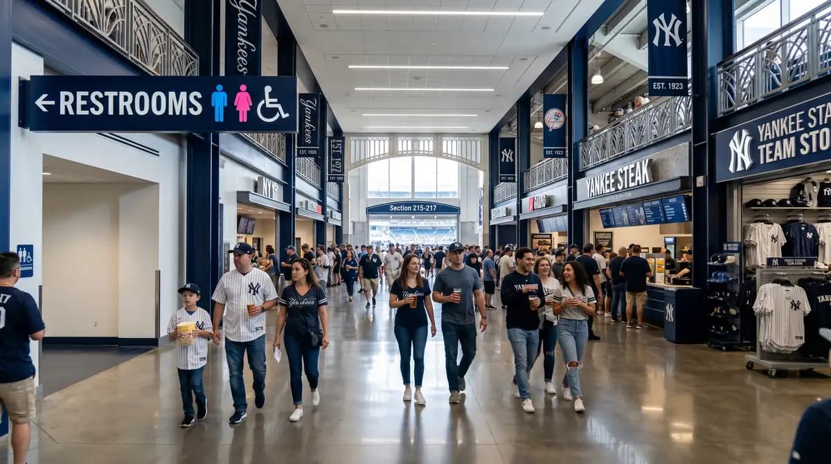 Yankee Stadium concourse with restroom signage