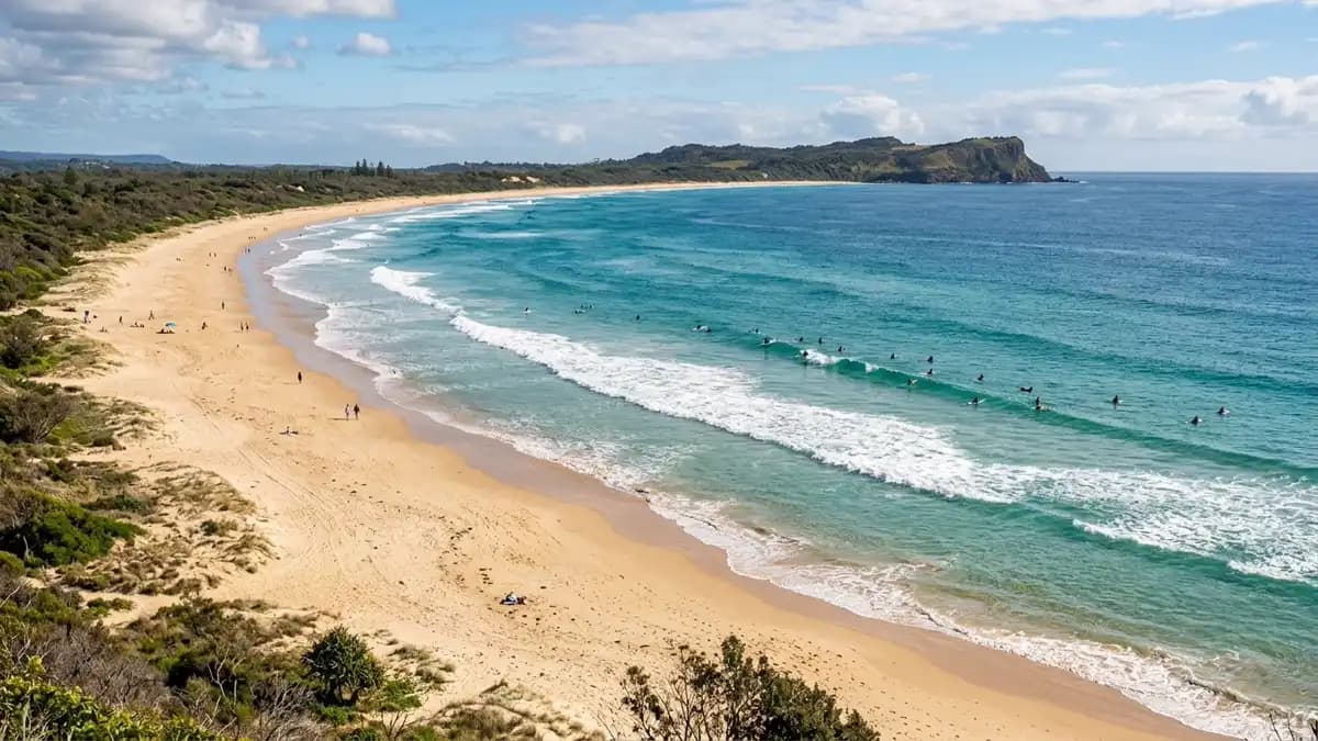 Lennox Head surf beach with headland and clear blue water, Northern Rivers NSW