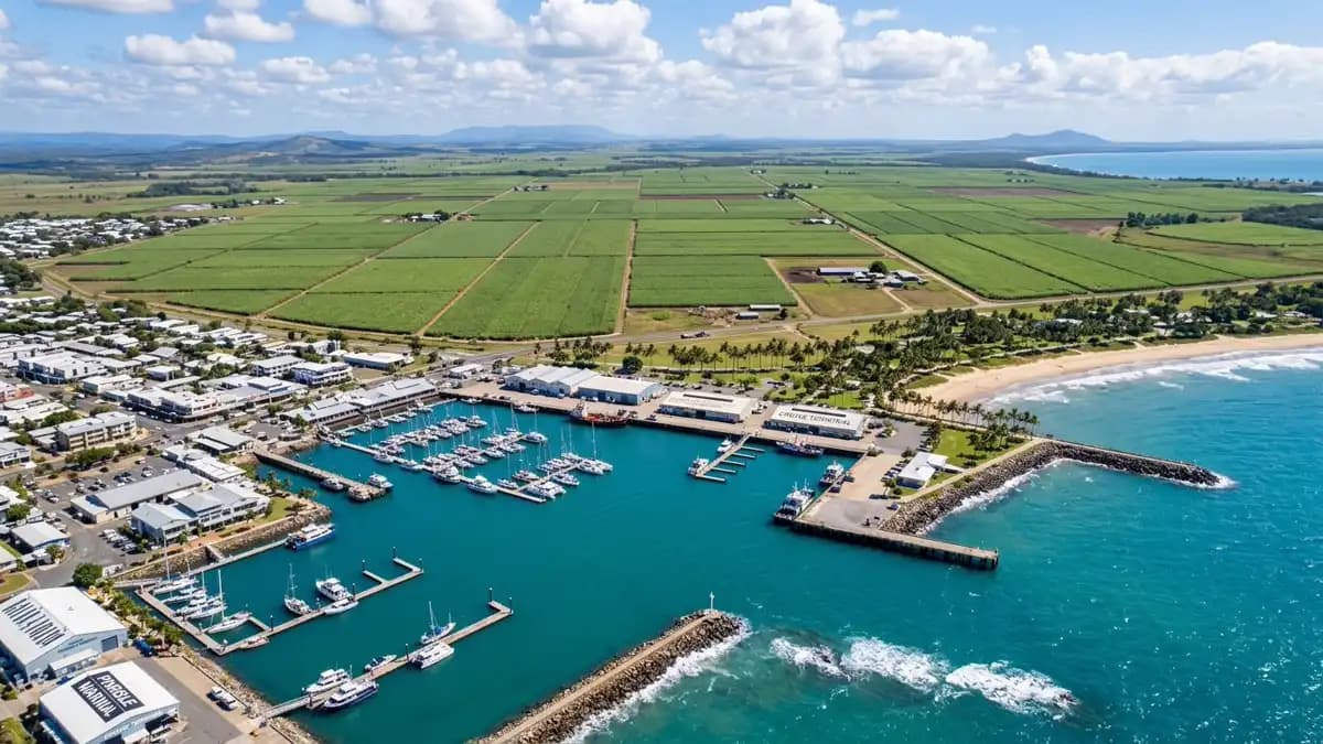 Mackay Bluewater Lagoon with palm trees and Pioneer River, Queensland