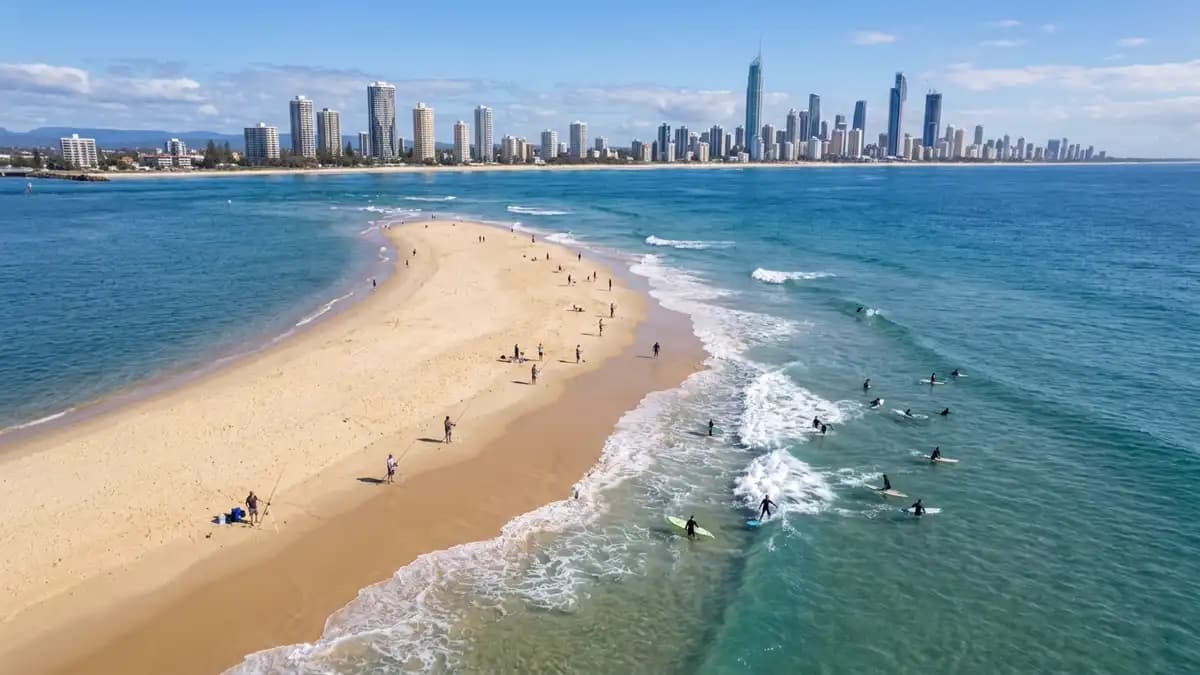 The Spit at Main Beach with sandbar extending into the Gold Coast Seaway, Queensland