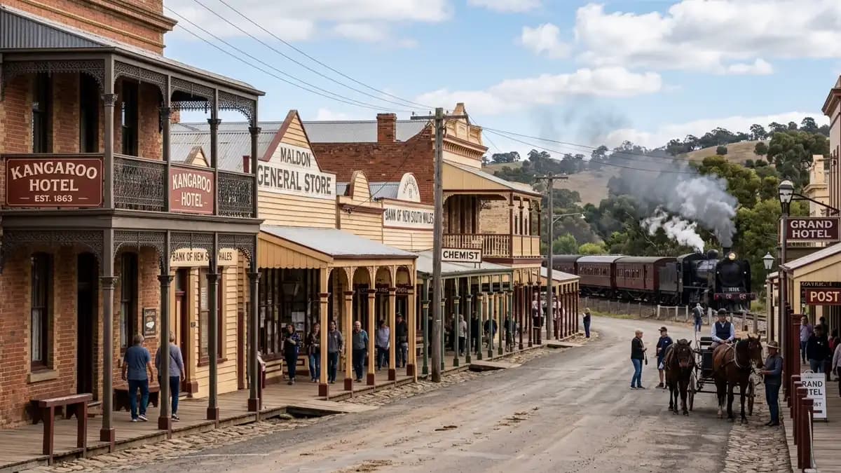 Historic Main Street of Maldon showing heritage gold rush era buildings, Victoria