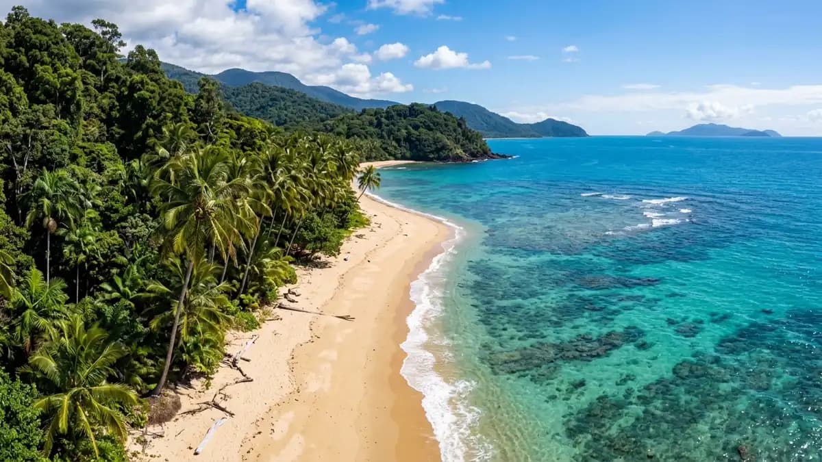 Mission Beach tropical rainforest meeting the Coral Sea, Far North Queensland