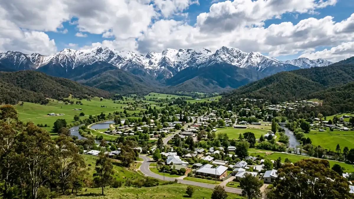Mount Beauty township in the Kiewa Valley with mountains behind, Victoria