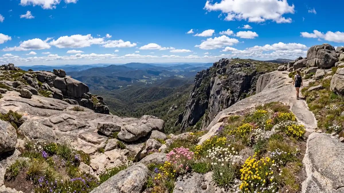 Mount Buffalo National Park granite plateau with panoramic views of Victoria's High Country