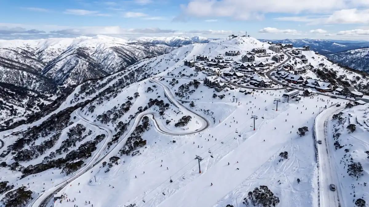 Mt Hotham ski resort with snow-covered slopes and alpine village, Victoria
